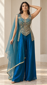 Peacock Teal Multicolor Jewel Longline Palazzo Set