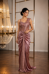 Rose Gold Crystal Draped Saree Set
