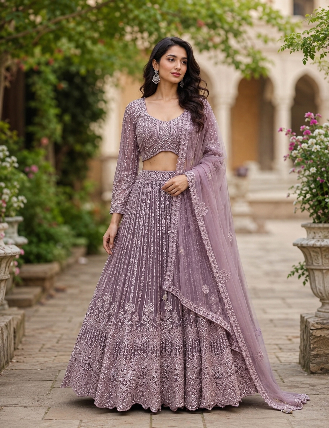Mauve Silver Sequin Embroidered Lehenga Set