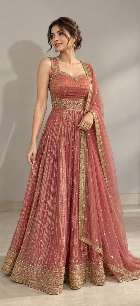 Dusty rose anarkali set with antique gold work and matching sheer dupatta