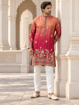 Coral crimson ombre men's kurta with gold peacock motifs and band collar