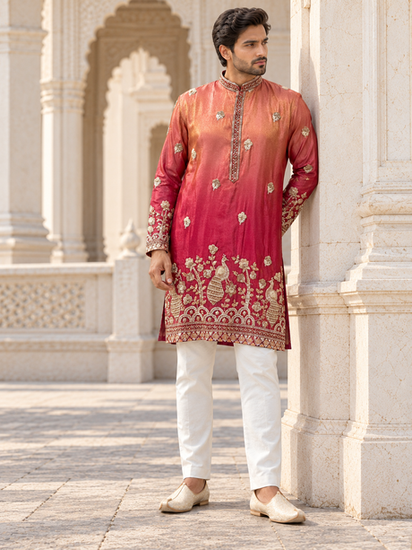 Coral crimson ombre men's kurta with gold peacock motifs and band collar