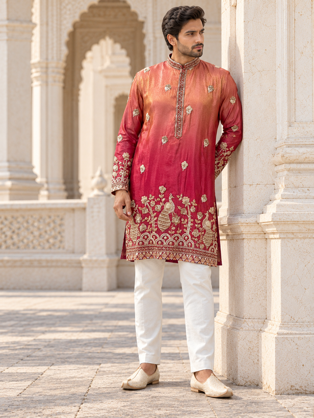 Coral crimson ombre men's kurta with gold peacock motifs and band collar