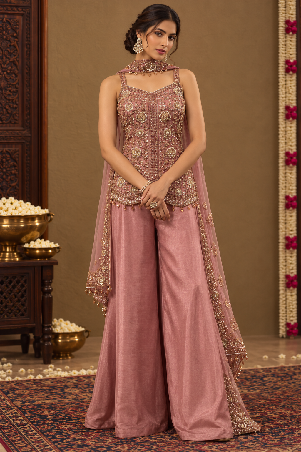 Dusty Rose Antique Gold Floral Palazzo Set