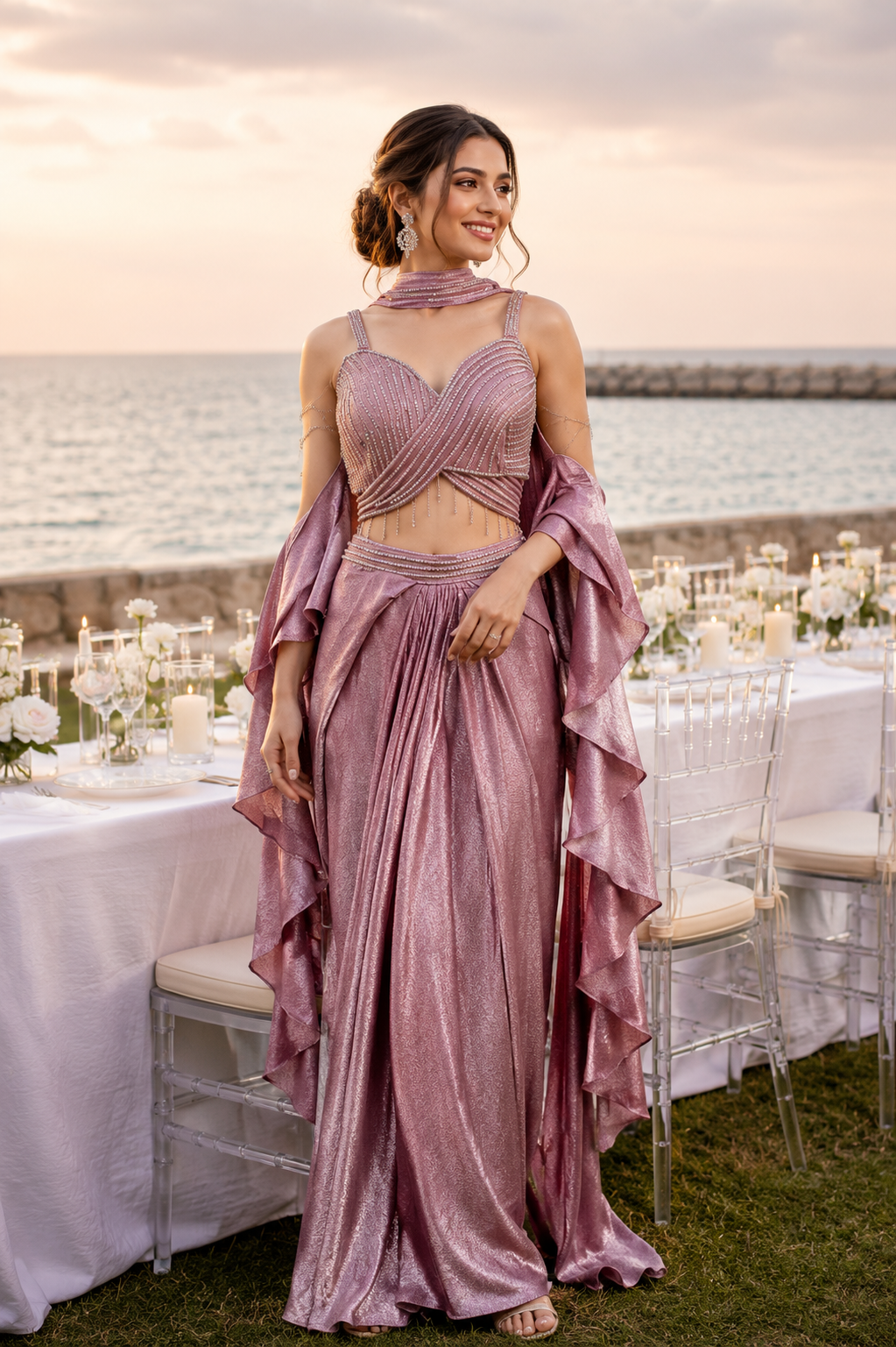 Dusty Mauve Sculpted Ruffle Draped Saree Set