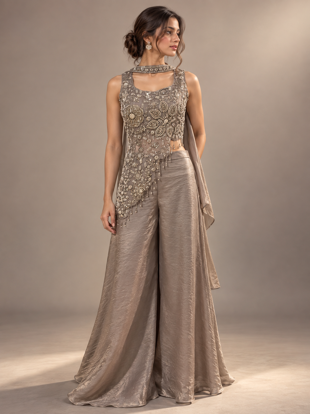 Smoky Taupe Silver Floral Palazzo Set