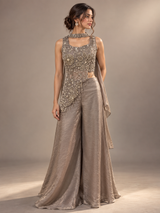 Smoky Taupe Silver Floral Palazzo Set