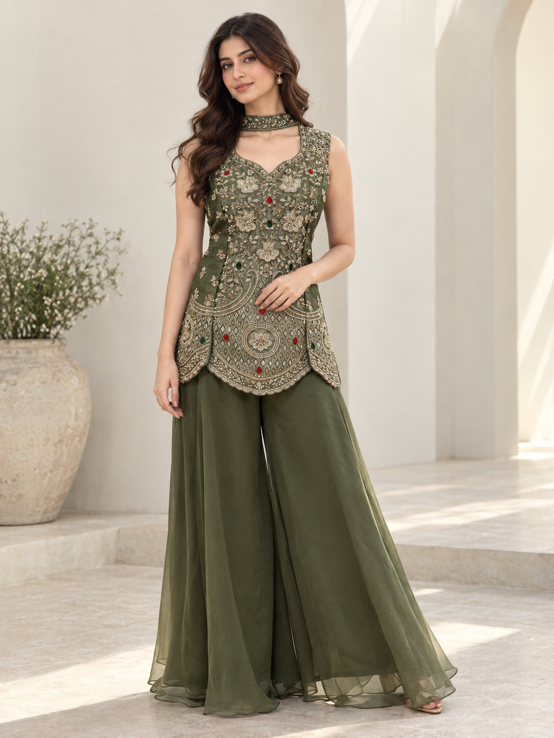 Smoky Olive Silver Jewel Palazzo Set