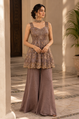Smoky Taupe Gold Embroidered Peplum Palazzo Ensemble