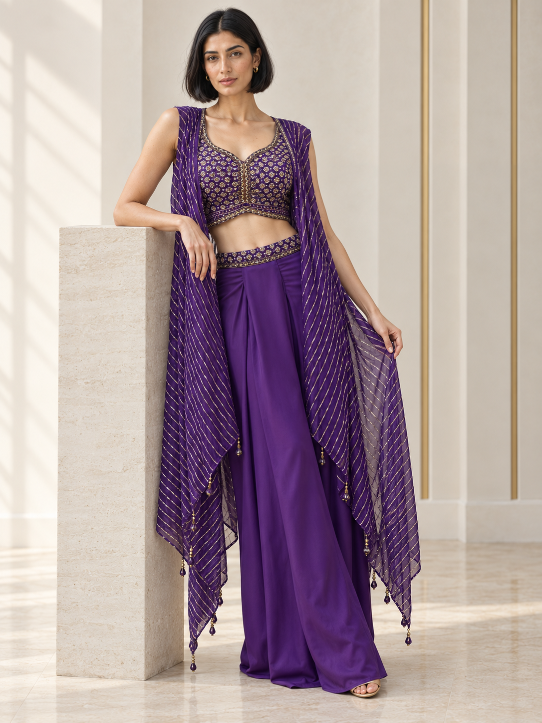 Royal amethyst purple palazzo set with antique gold floral work