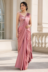 Dusty Rose Crystal Draped Saree Couture Set