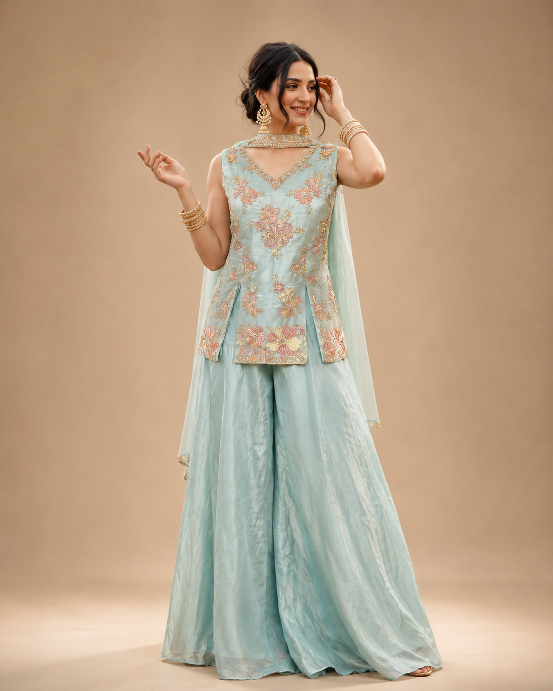 Powder Blue Floral Embroidered Palazzo Ensemble