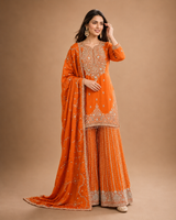 Tangerine Gold Embroidered Sharara Suit Set