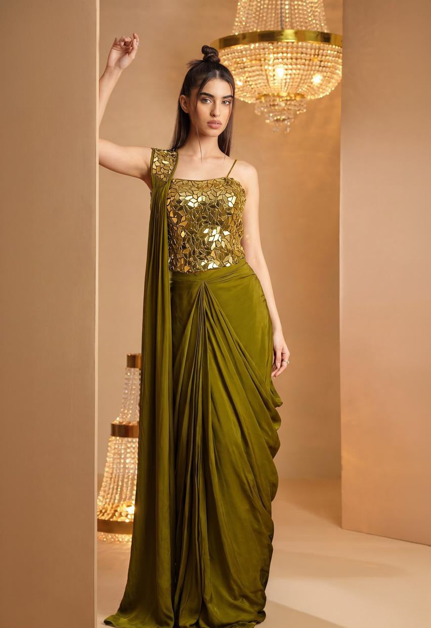 Olive Gold Mirror Draped Saree Ensemble