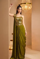 Olive Gold Mirror Draped Saree Ensemble