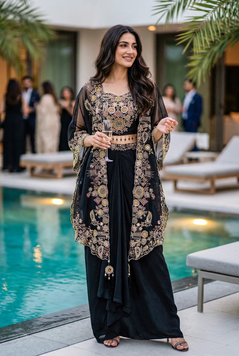 Black Embroidered Cape Sharara Set
