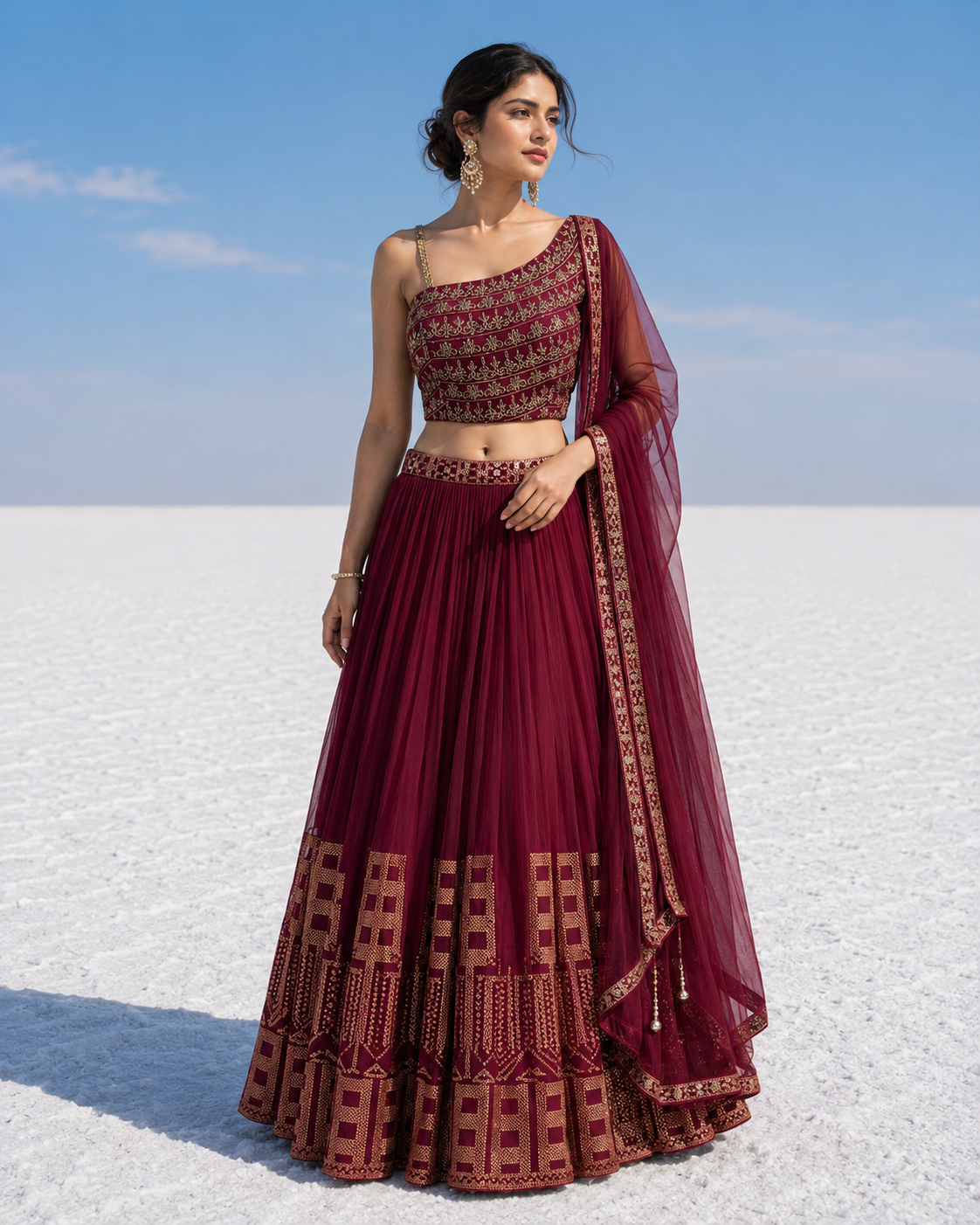 Burgundy Zari Embroidered Lehenga Set