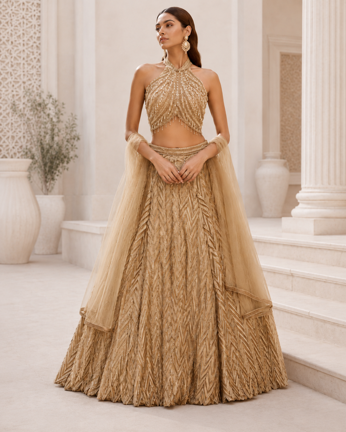 Champagne Shimmer Halter Lehenga Ensemble