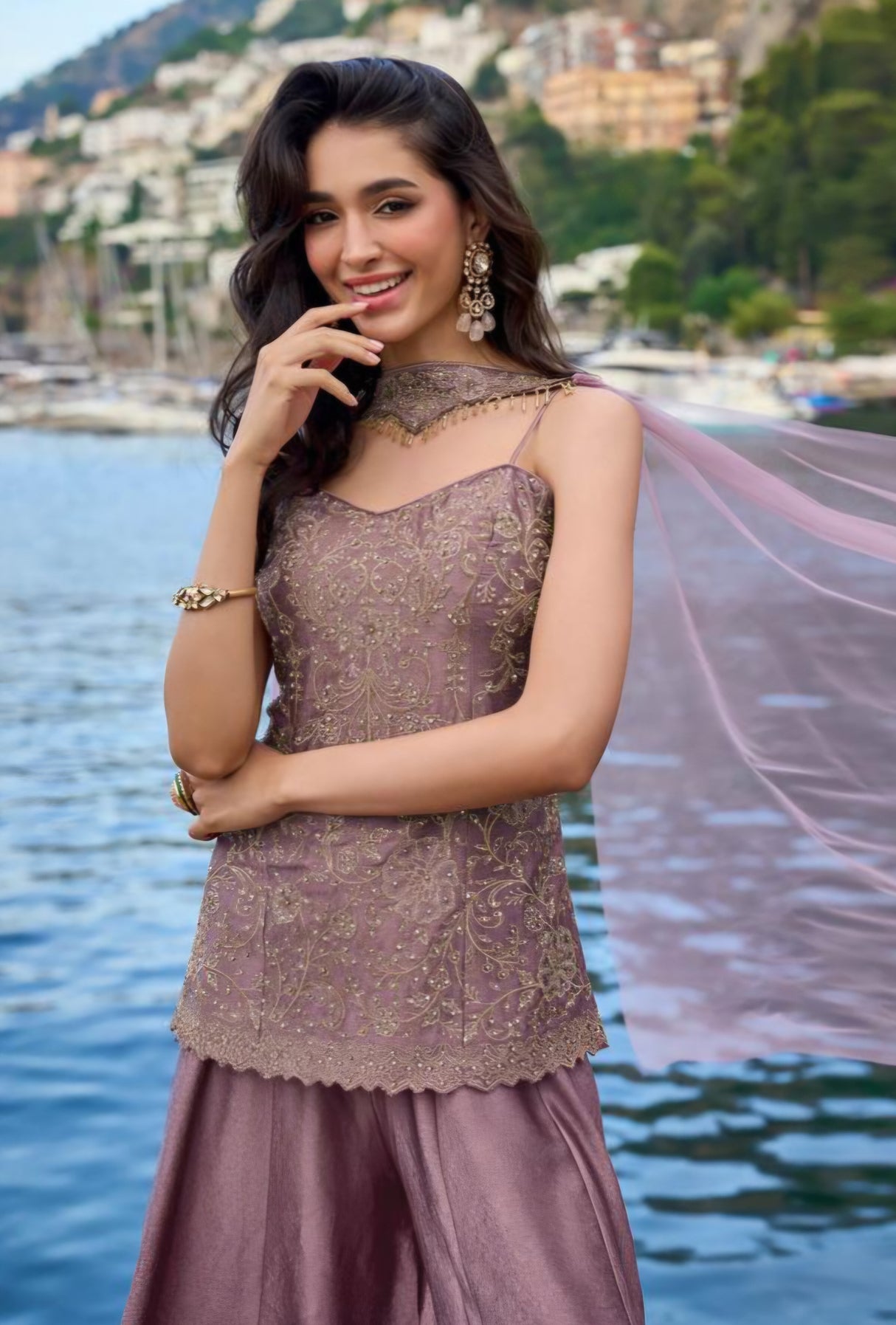 Mauve Gold Embroidered Palazzo Set