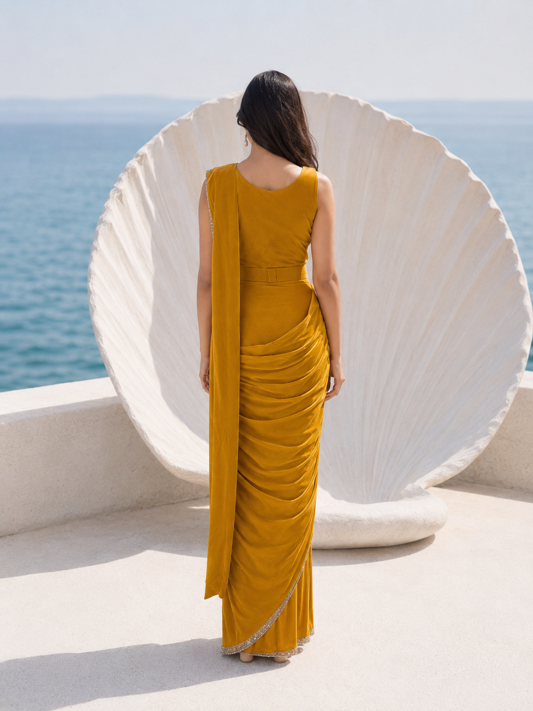 Mustard Pearl Draped Saree Set