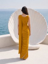 Mustard Pearl Draped Saree Set