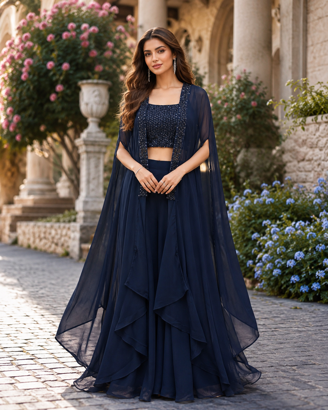 Midnight Sequin Cape Palazzo Couture Set