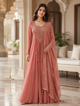Coral Rose Gold Embroidered Anarkali Set