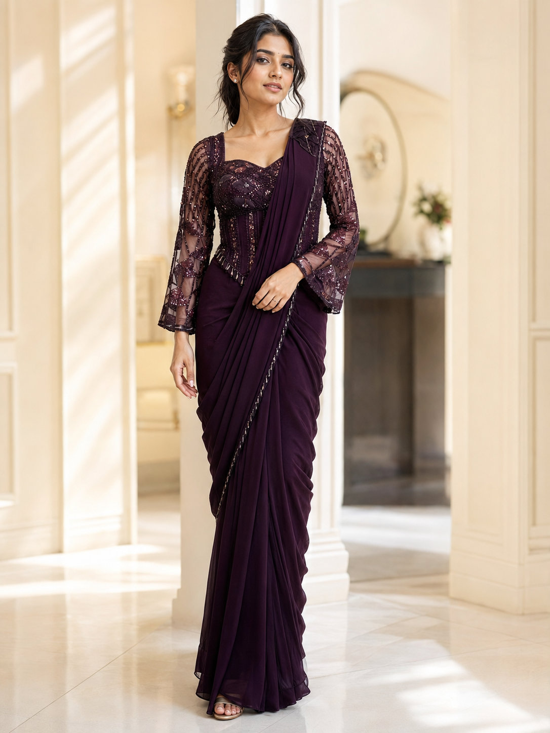 Aubergine Sequin Draped Saree Set
