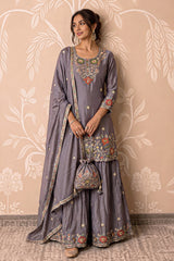 Slate Floral Embroidered Gharara Set
