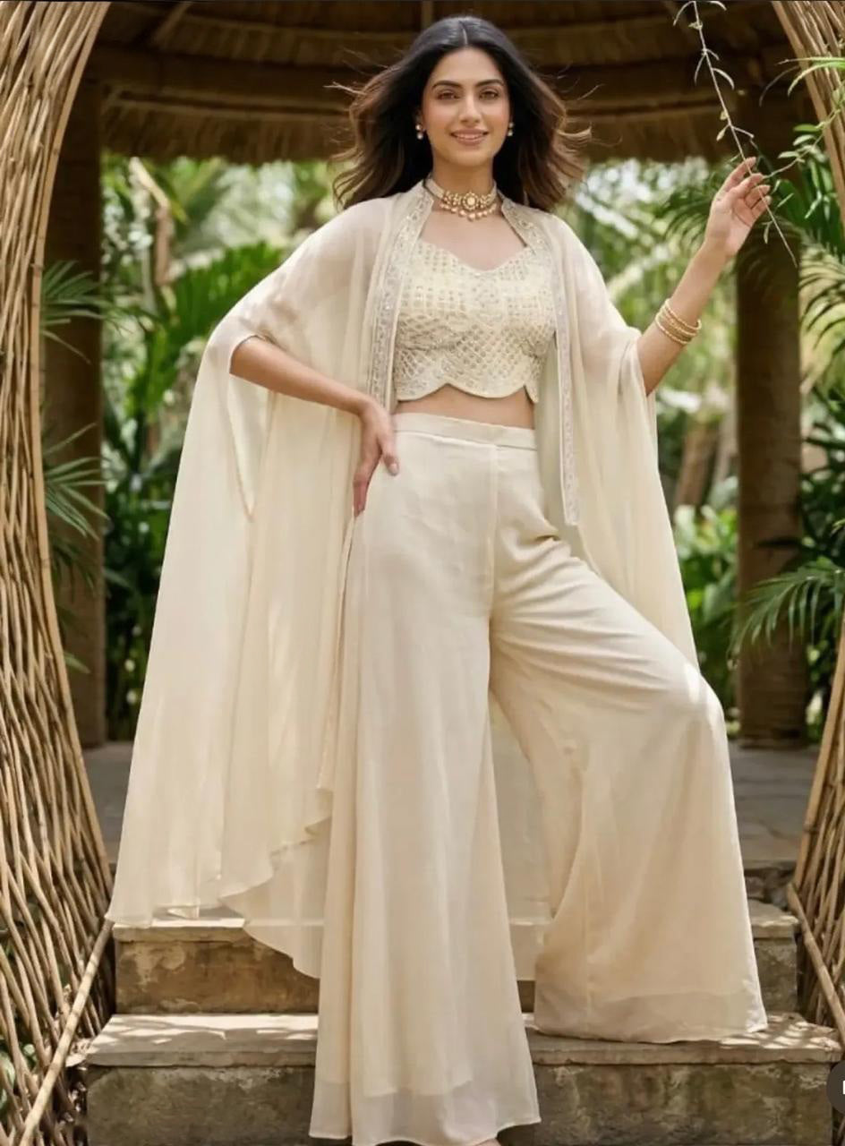 Ivory Embroidered Cape Palazzo Set
