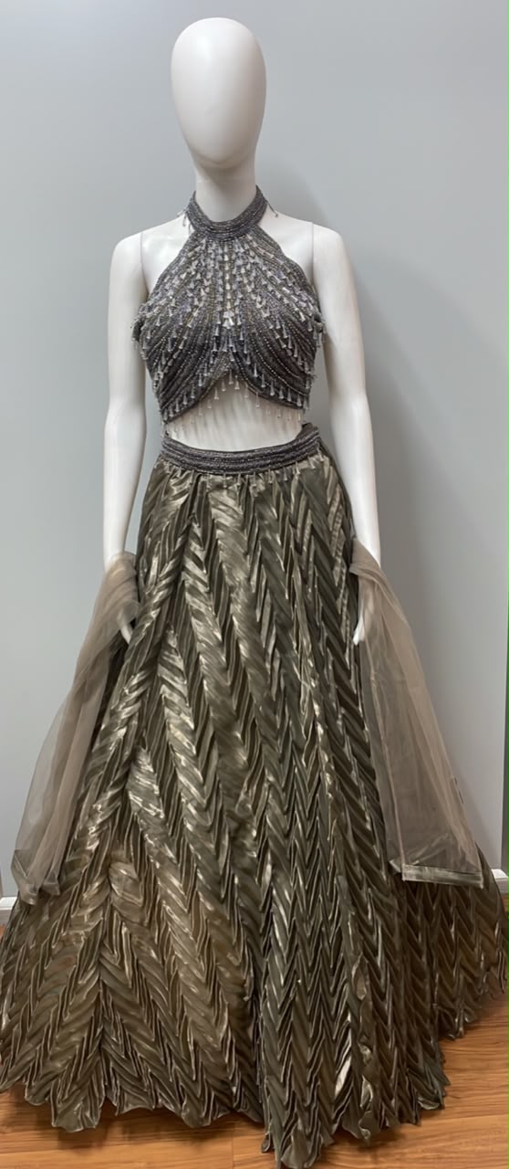 Gunmetal Shimmer Halter Lehenga Ensemble
