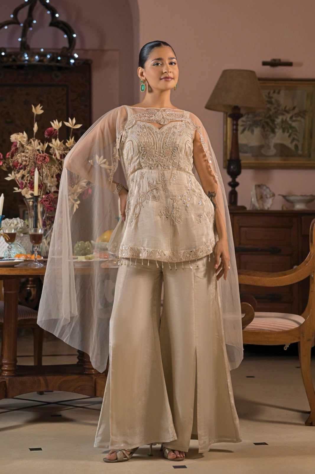 Champagne Ivory Antique Gold Floral Cape Palazzo Set
