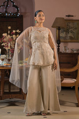 Champagne Ivory Antique Gold Floral Cape Palazzo Set