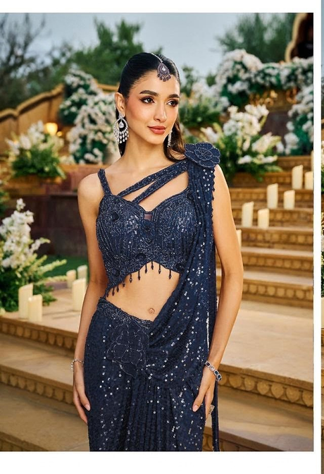 Midnight Navy Sequin Floral Draped Saree Set