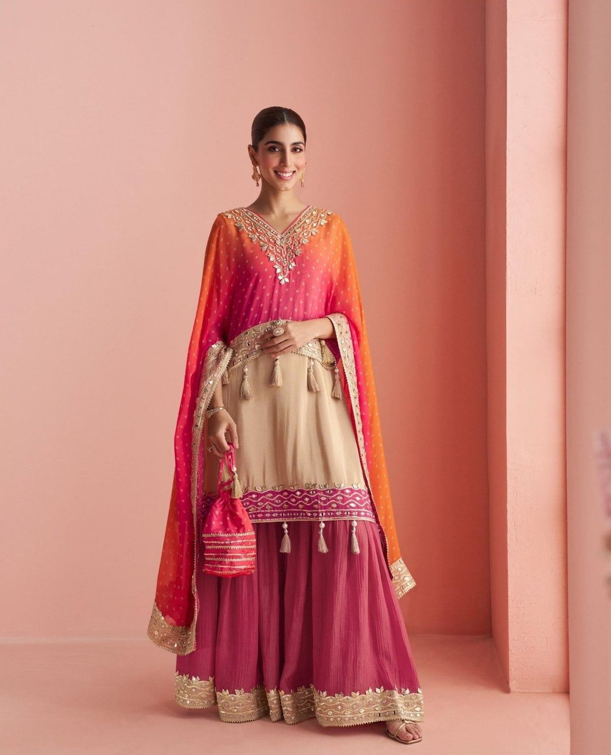 Fuchsia Orange Ombre Gota Sharara Set