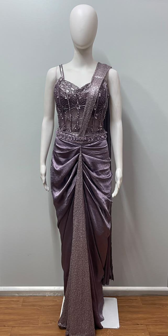 Mauve Crystal Draped Saree Set