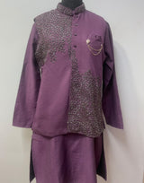 Plum Nehru waistcoat kurta set with gunmetal beadwork, front view