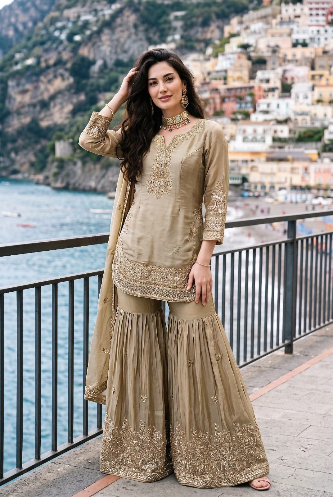 Stone Taupe Antique Gold Gharara Set