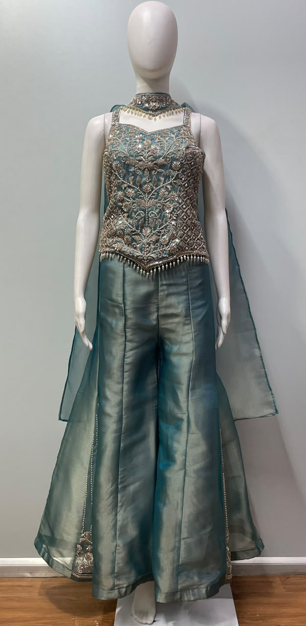 Deep Teal Antique Gold Floral Palazzo Set
