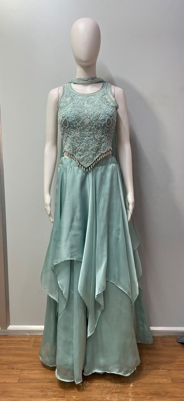 Seafoam Green Silver Pearl Jewel Layered Palazzo Set