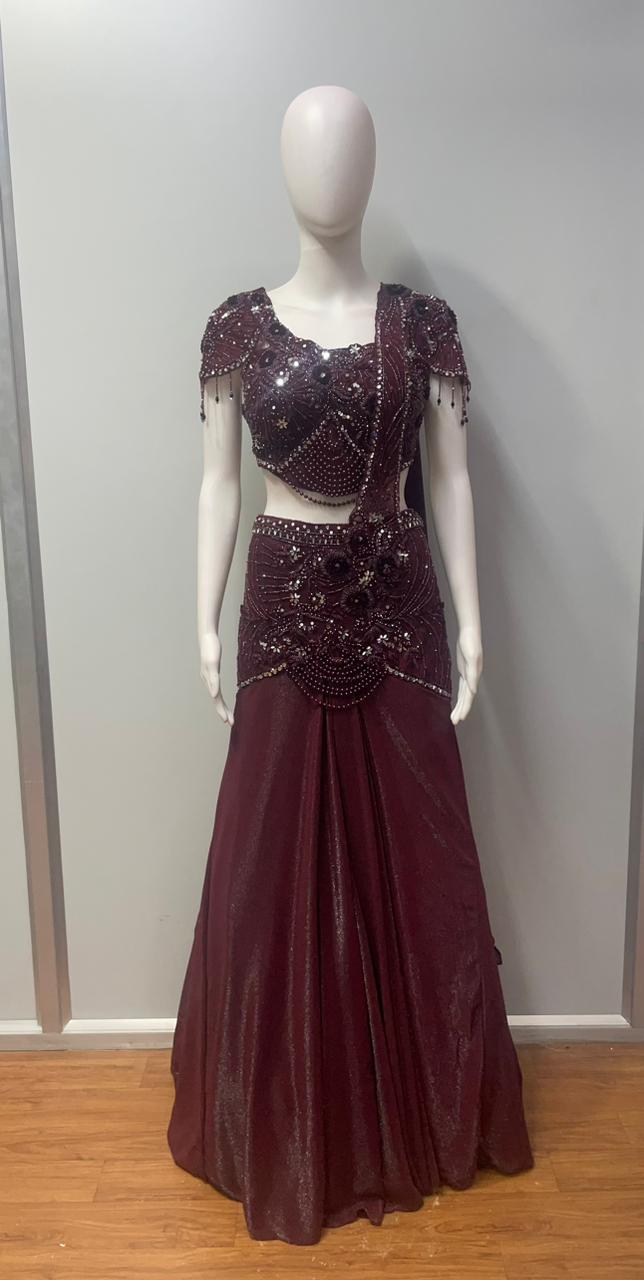 Deep Plum Crystal Draped Skirt Set