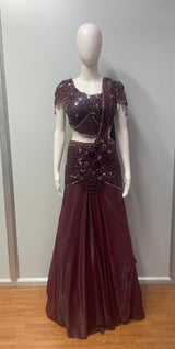 Deep Plum Crystal Draped Skirt Set