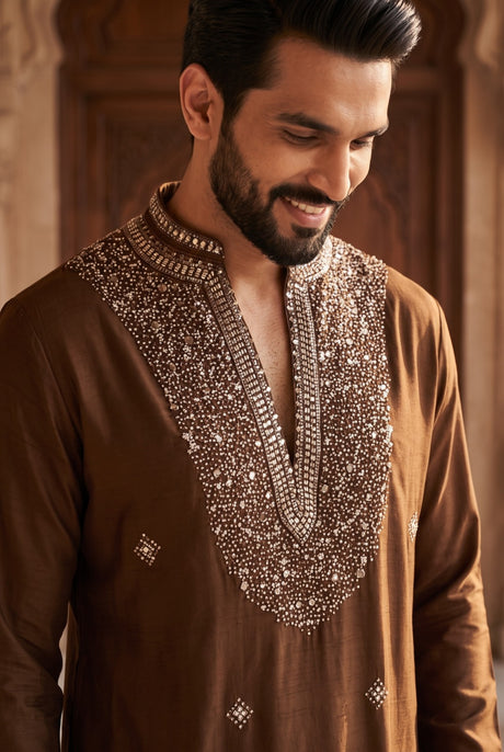 Full-length view of the cocoa brown regal kurta set with brown trousers