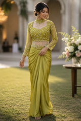 Chartreuse Pearl Draped Saree Set