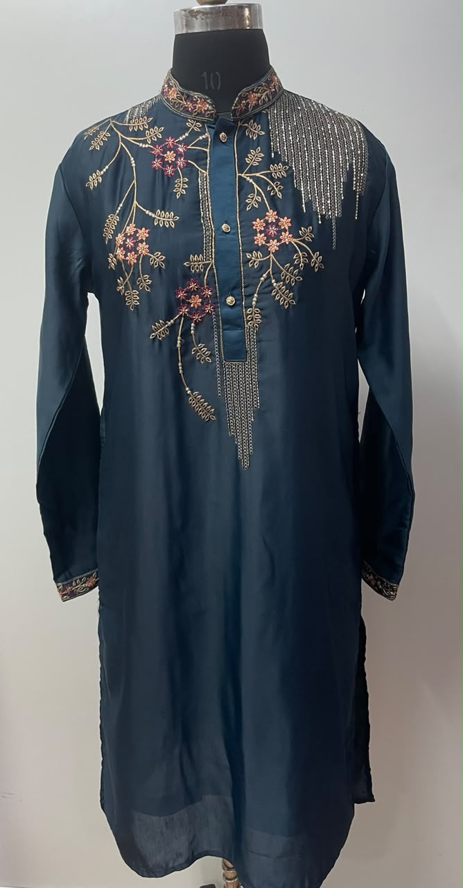 Midnight Teal Floral Chain Detail Kurta