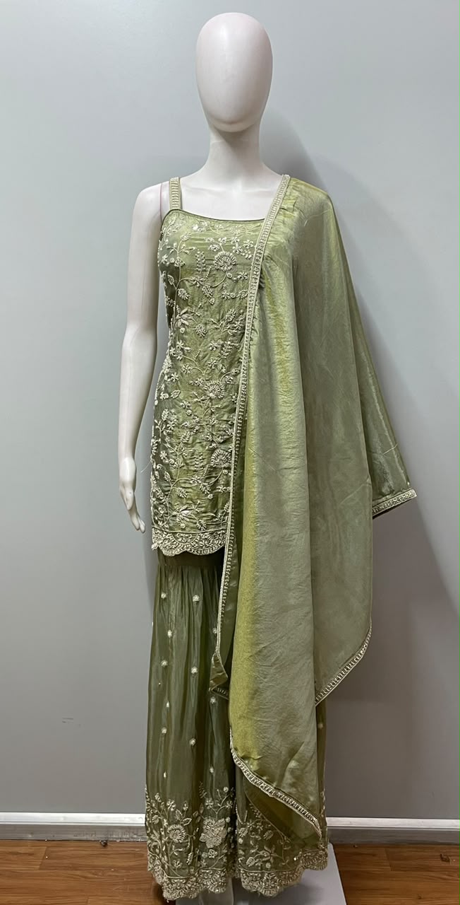 Olive Gold Floral Embroidered Sharara Ensemble