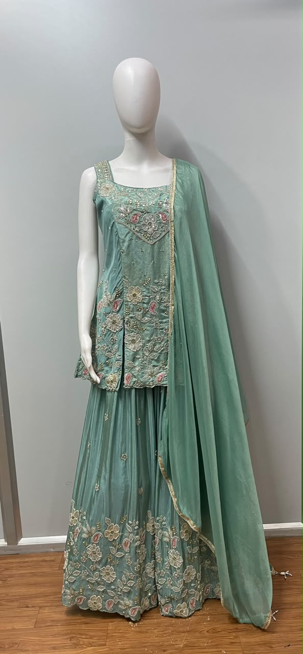 Mint Floral Embroidered Sharara Set