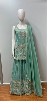 Mint Floral Embroidered Sharara Set
