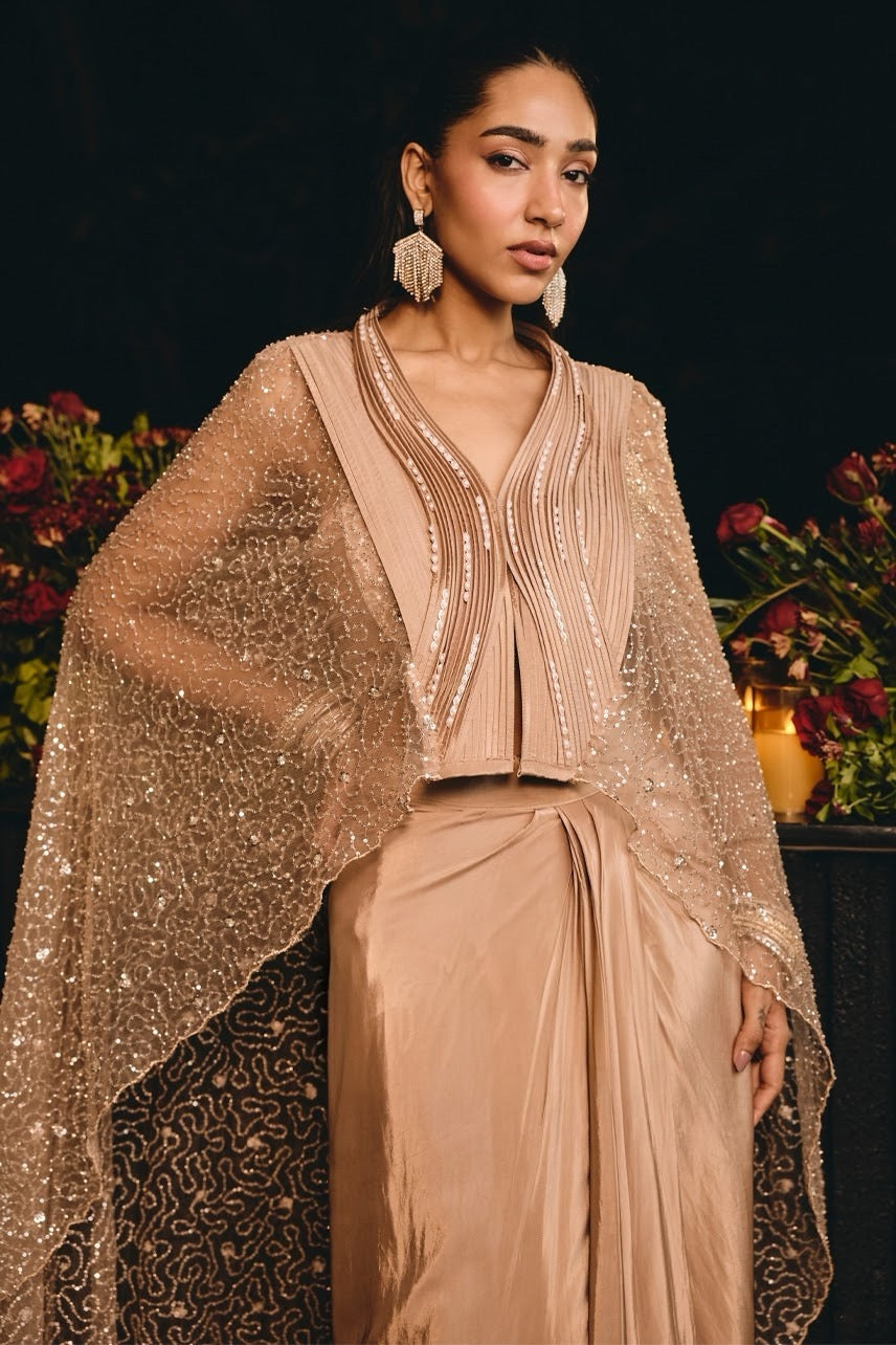 Champagne Taupe Sequin Cape Draped Skirt Set