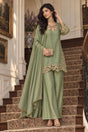 Sage green palazzo set with a petal cutwork neckline and antique gold edging